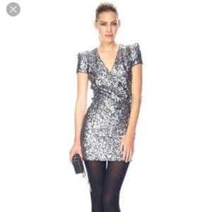 French connection silver grey sequin minidress plunge shoulder pad US 2 small